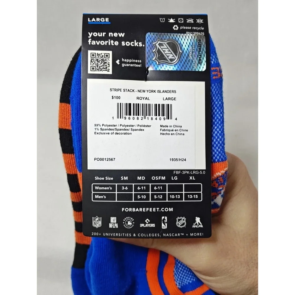 NWT‎ Socks For Bare Feet 3-pack New York Islanders NHL Men's Size L 10-13 NEW!